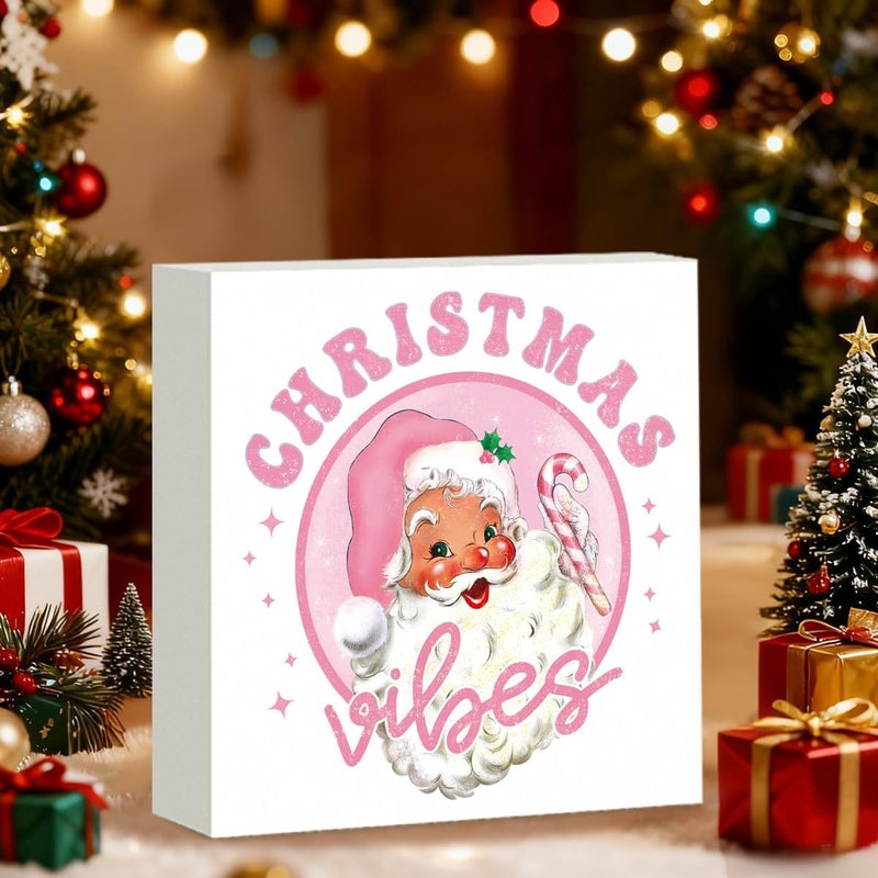 FXEFXE Pink Christmas Decor, Vintage Christmas Decorations Indoor, Glitter Candy Cane Santa Claus Sign Gift for Women Friends, Rustic Farmhouse Wooden Box Sign for Home Office Bedroom Desk Decor 5x5 Inches - Image 3